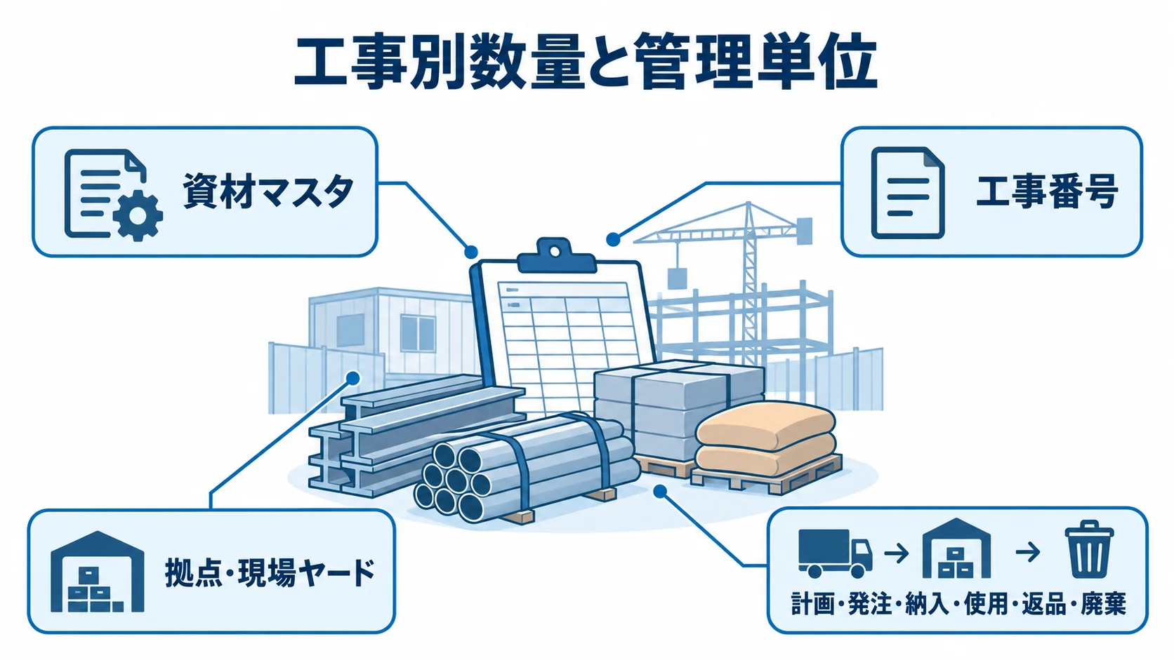 工事別の資材管理に使う単位と数量記録を示す図 工事別数量と管理単位を、資材マスタ、工事番号、拠点・現場ヤード、資材の動きで示した図解。