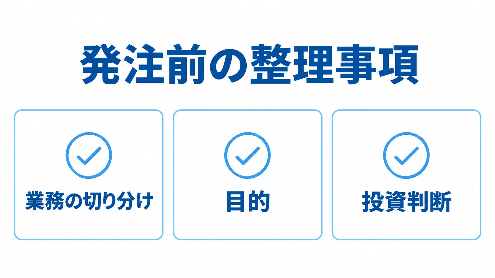 発注前に整理する業務の切り分け、目的、投資判断を並べた図