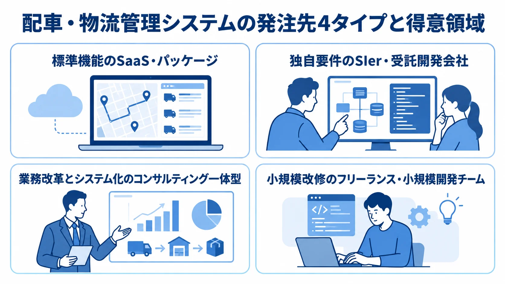 配車・物流管理システムの発注先4タイプと得意領域 配車・物流管理システムの発注先を、標準機能、独自要件、業務改革、小規模改修の4タイプに分けた図。