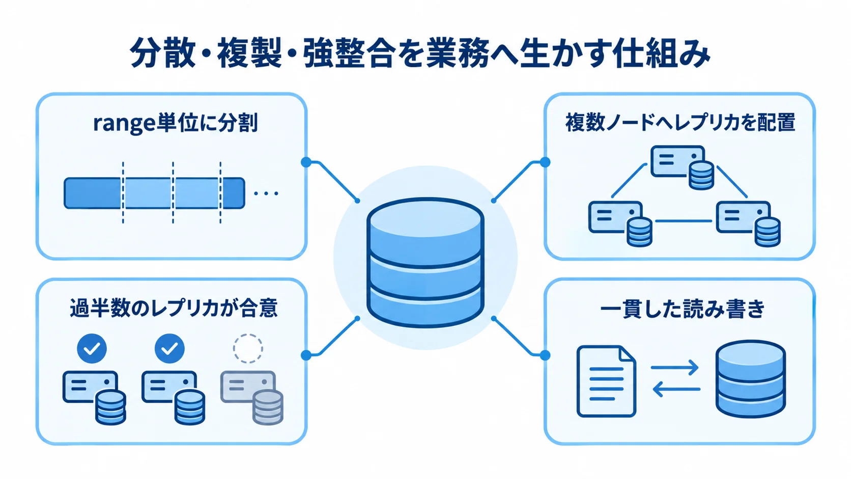 CockroachDBの分散・複製・強整合の仕組みを示す図 range単位の分割、複数ノードへのレプリカ配置、合意による一貫した読み書きを示す図