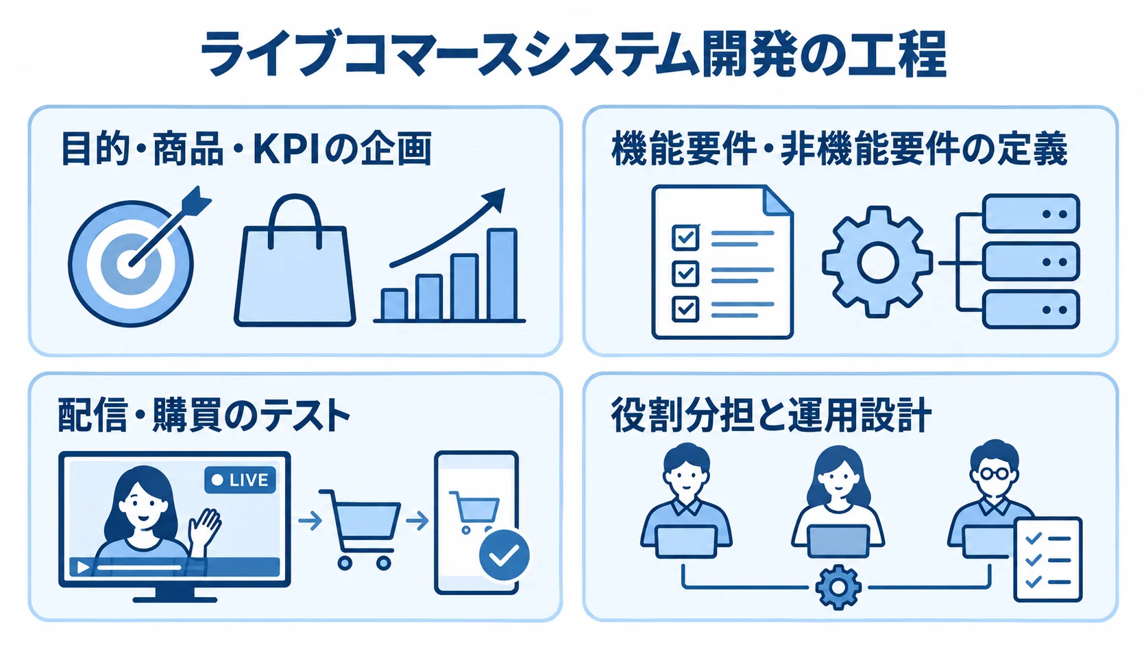 企画、要件定義、テスト、運用設計の4項目でライブコマースシステム開発の工程を示す図。