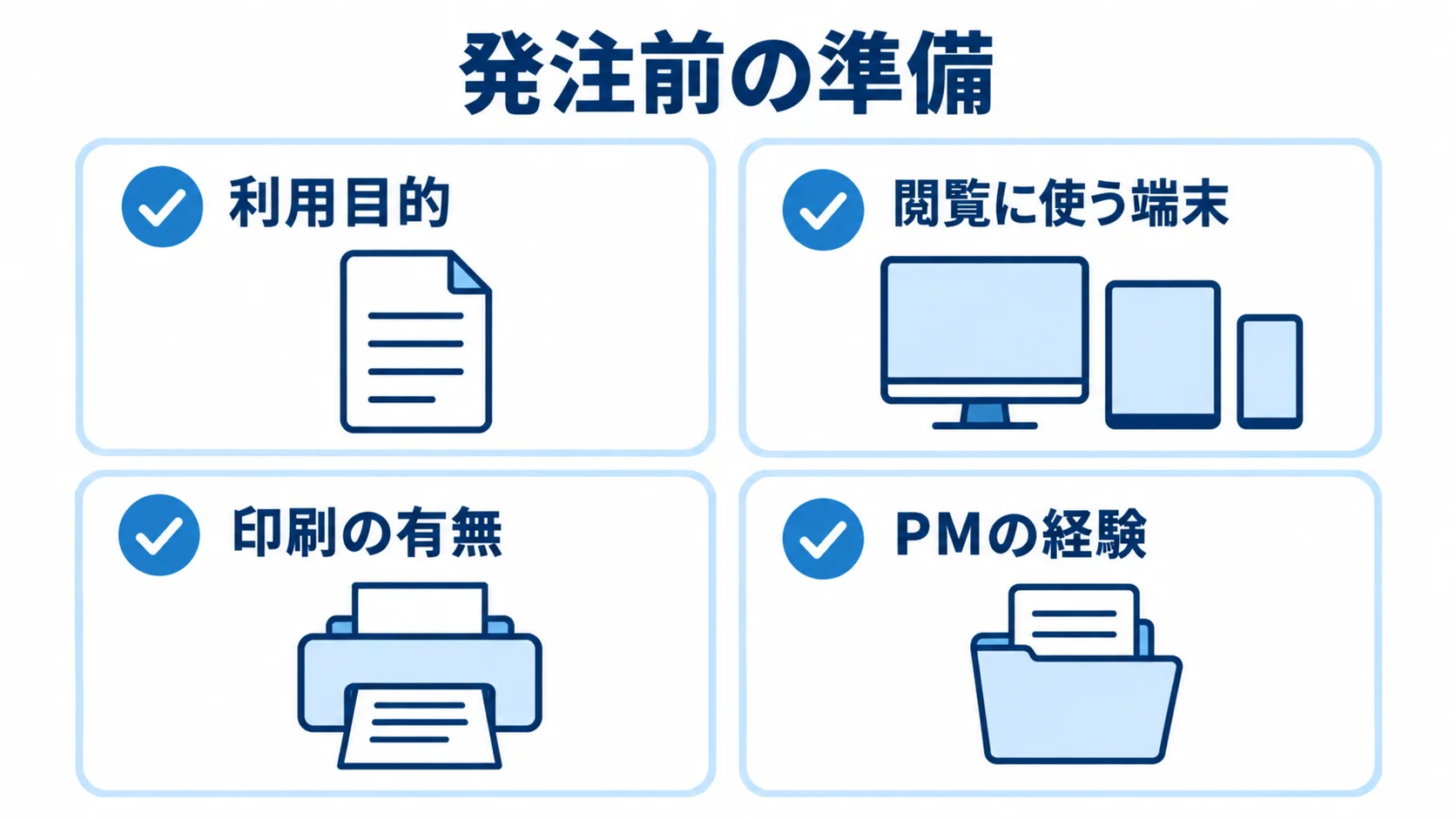 Tableau導入の発注前に整理する利用目的、閲覧端末、印刷の有無、PMの経験を示すチェックリスト。