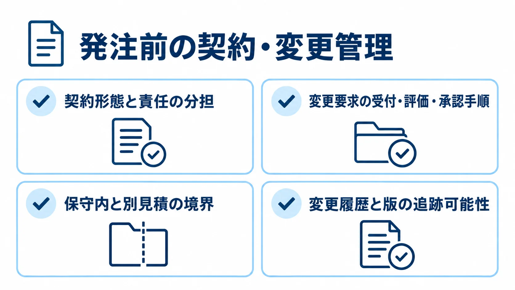 発注前に確認する契約と変更管理の項目 契約形態や変更要求の手順など、発注前に確認する4項目をカードで示した図