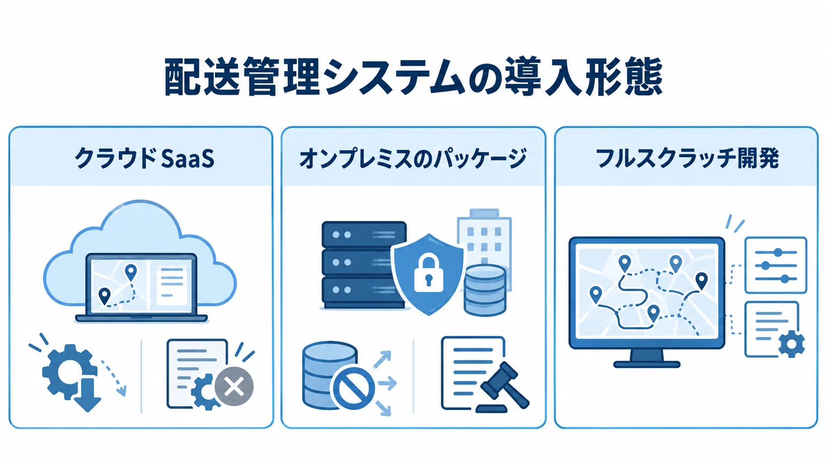 配送管理システムの3つの導入形態 クラウドSaaS、オンプレミスのパッケージ、フルスクラッチ開発を並べた配送管理システムの導入形態図