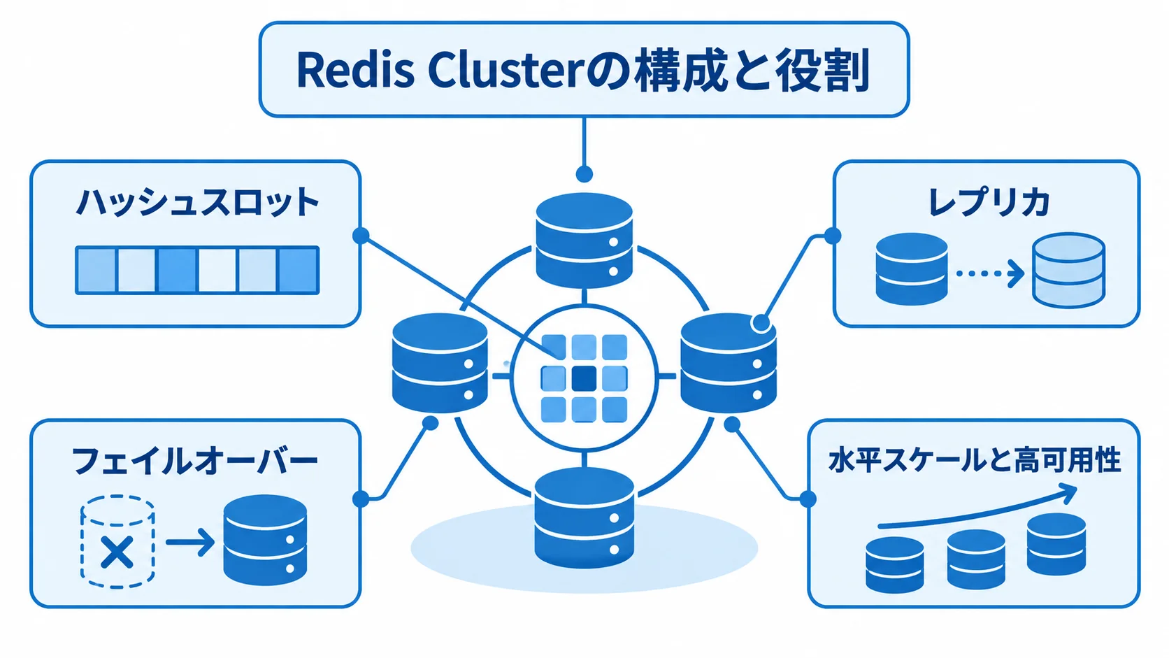 Redis Clusterの構成要素と役割 Redis Clusterを中心に、ハッシュスロット、レプリカ、フェイルオーバー、水平スケールと高可用性を示す図