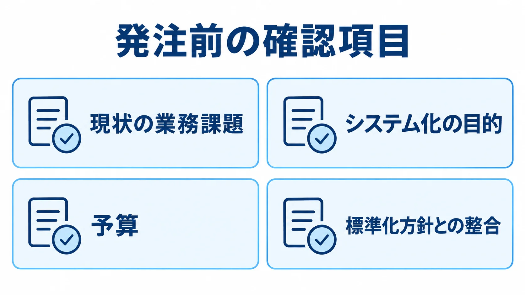 発注前に確認する業務課題、目的、予算、標準化方針との整合を示すチェックリスト