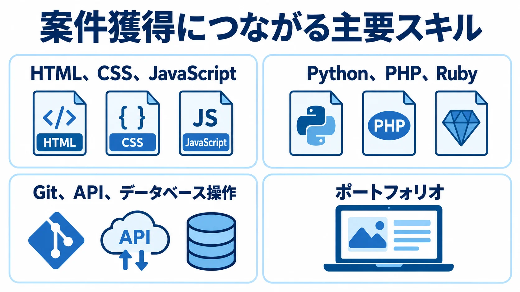 案件獲得につながる主要スキルを4つのパネルで整理した図 フロントエンド、バックエンド、Webアプリ制作の基礎、ポートフォリオを4つのパネルで示した図。