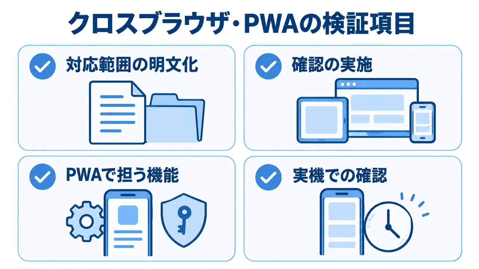 クロスブラウザ・PWAで確認する4つの項目 対応範囲の明文化や実機での確認など、クロスブラウザとPWAの検証項目を並べたチェックリスト