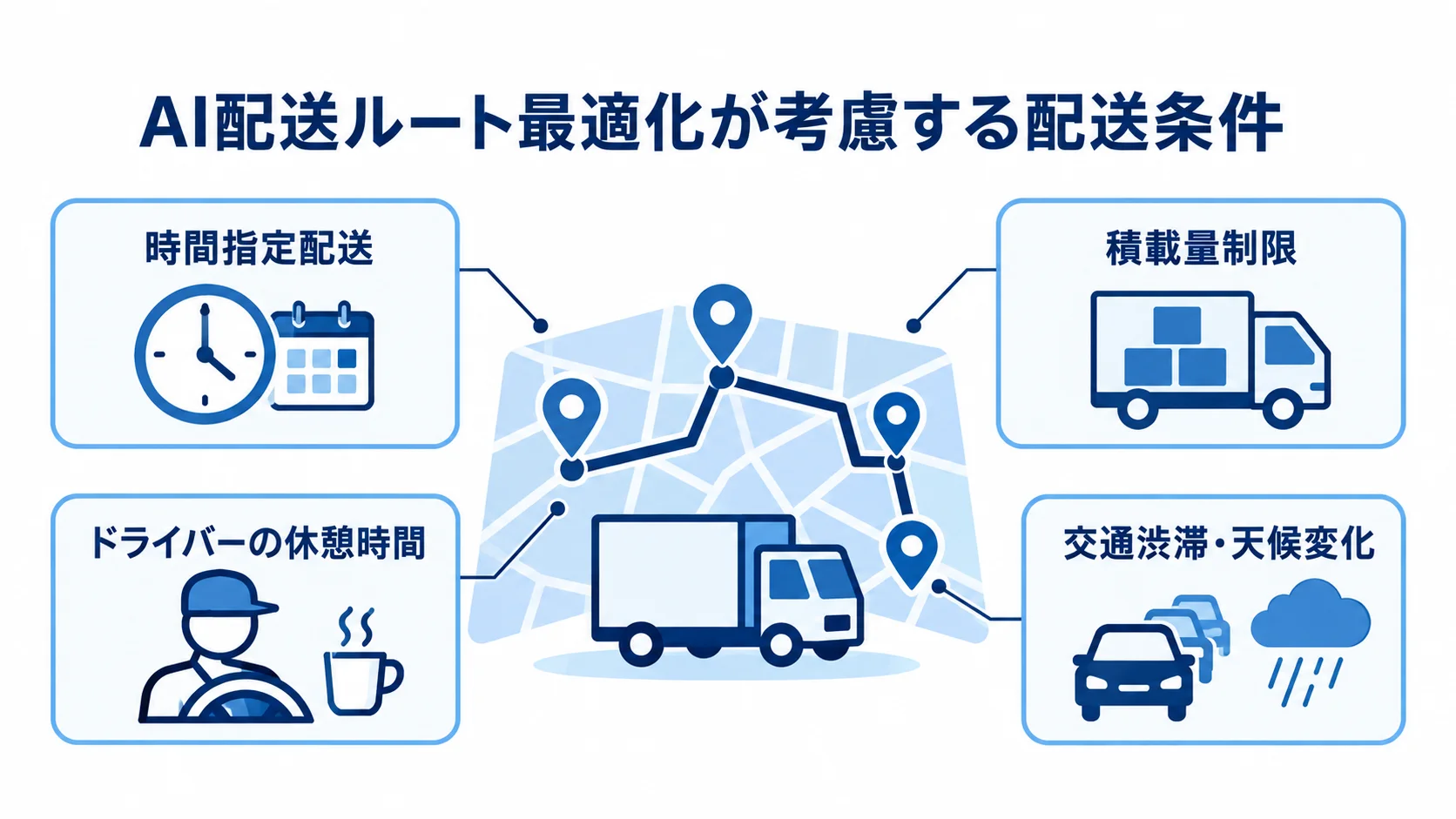 AI配送ルート最適化で考慮する4つの配送条件 配送計画を中心に、時間指定配送、積載量制限、ドライバーの休憩時間、交通渋滞・天候変化を注釈線で示した図解。