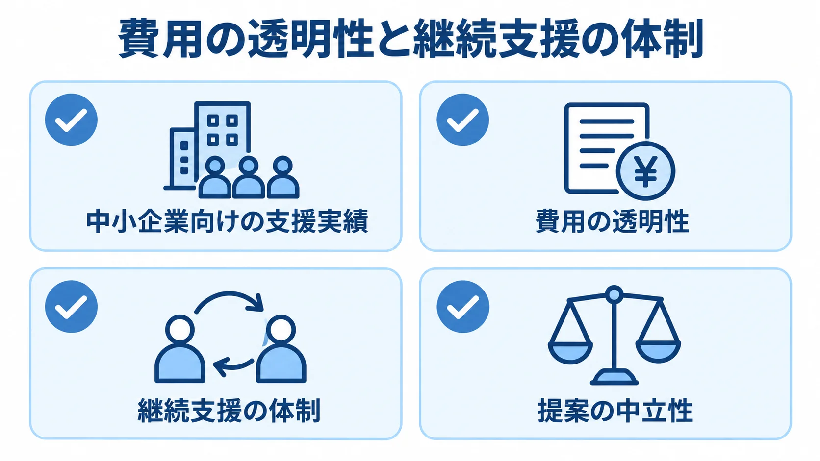 中小企業DXコンサル会社を選ぶ際に確認する支援実績、費用、継続支援、中立性を示したチェックリスト