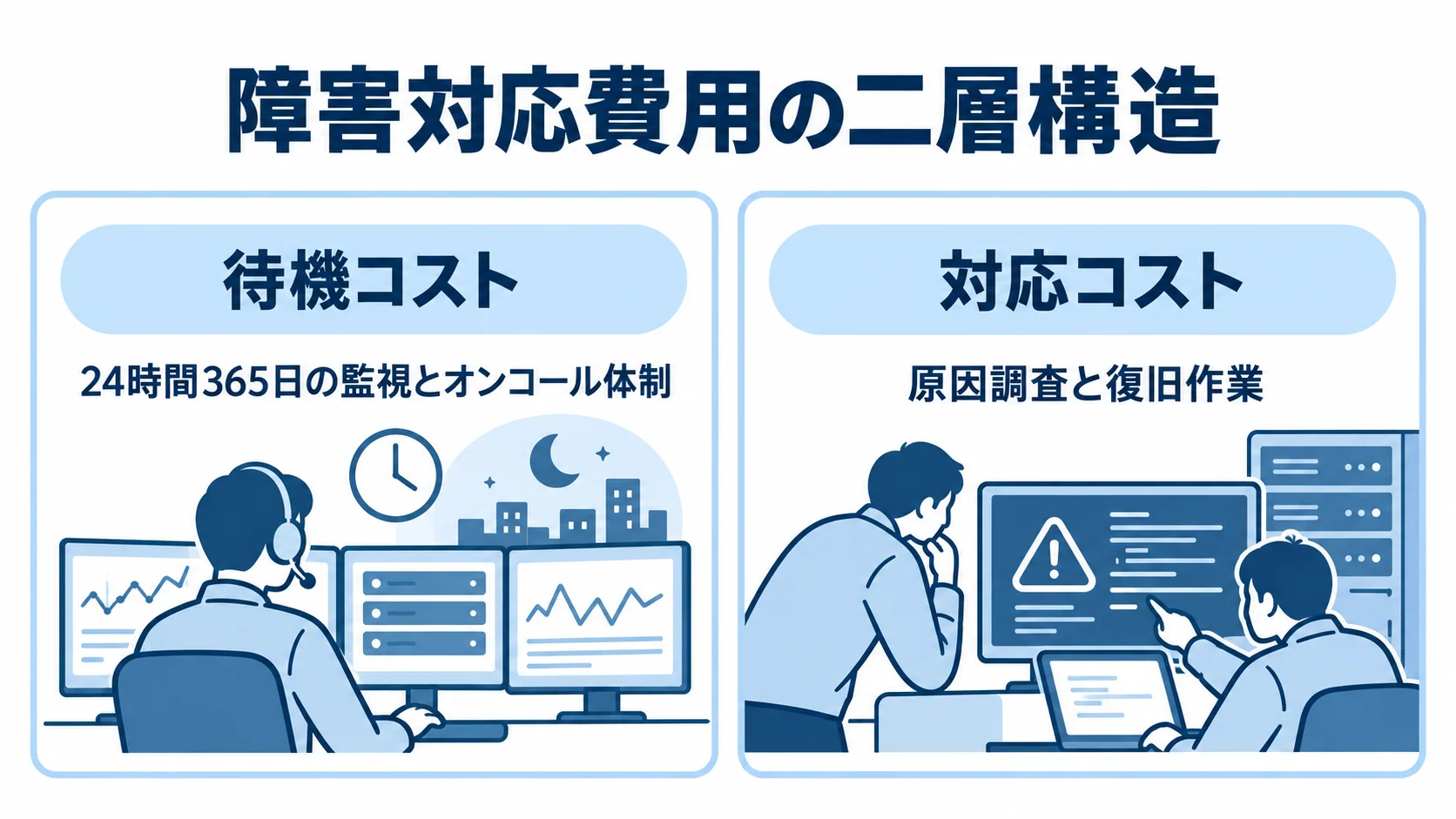 ITシステム障害対応費用の二層構造 待機コストと対応コスト、それぞれに含まれる監視・待機体制と原因調査・復旧作業を示す図