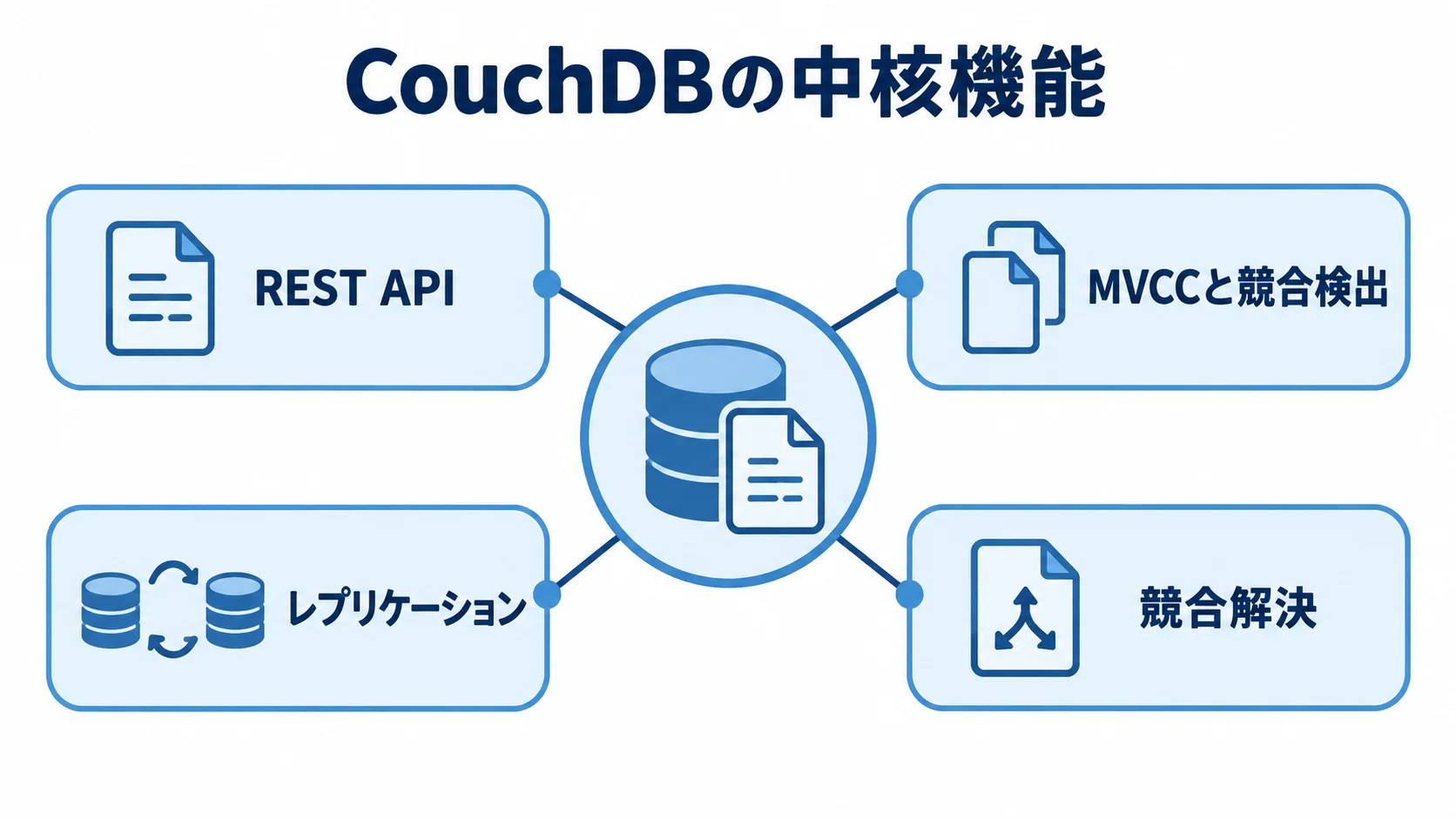 CouchDBの中核機能を示すハブ図 CouchDBを中心にREST API、MVCCと競合検出、レプリケーション、競合解決を配置した図解。