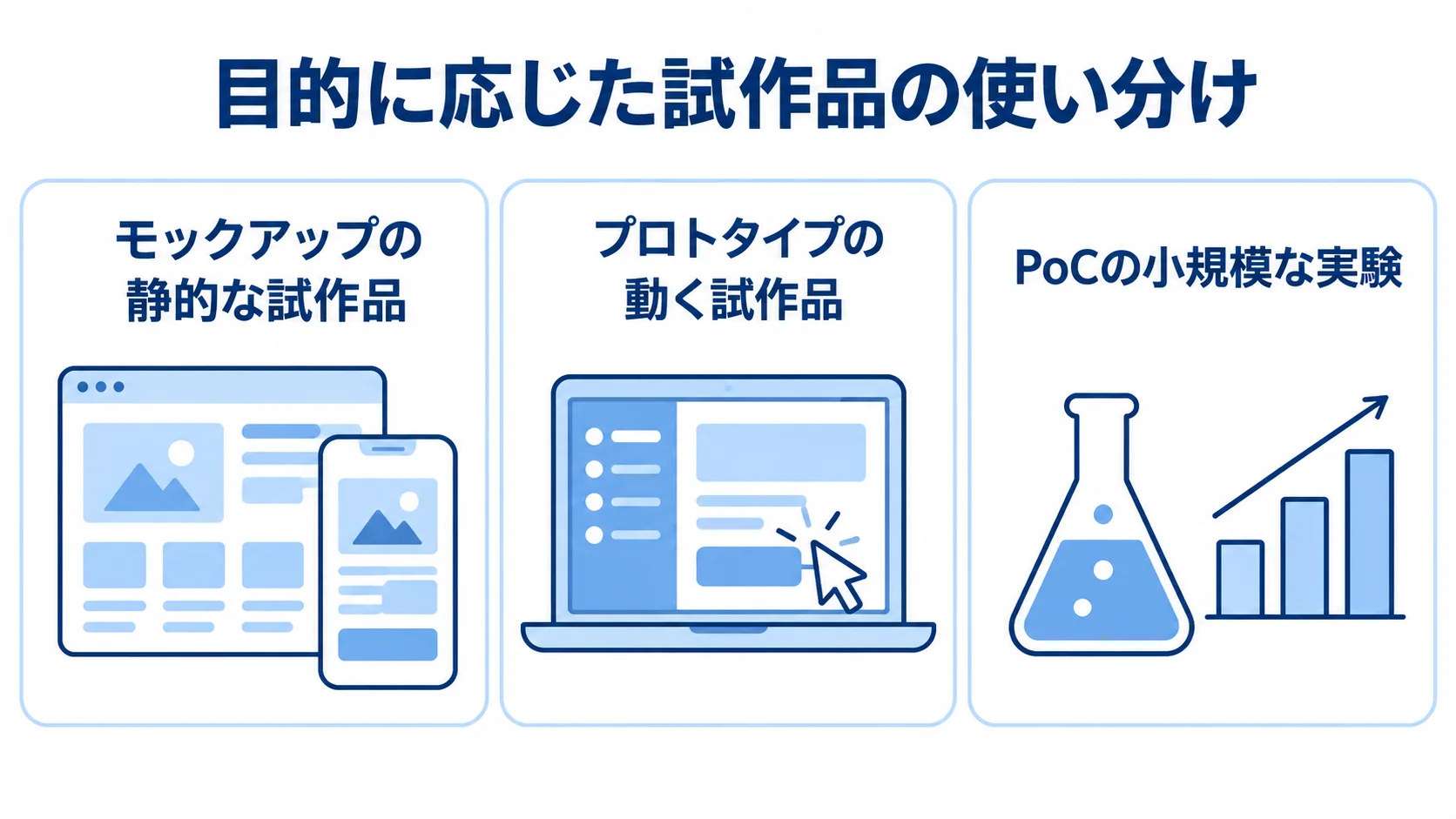 モックアップ・プロトタイプ・PoCの違いを示す3つのパネル モックアップ、プロトタイプ、PoCを静的な試作品、動く試作品、小規模な実験として3つのパネルで整理した図。