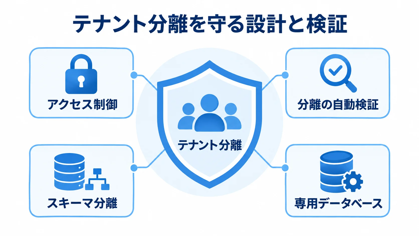 テナント分離を守る設計と検証の要素 テナント分離を中心に、アクセス制御や自動検証、分離方式を周囲に配置した図解