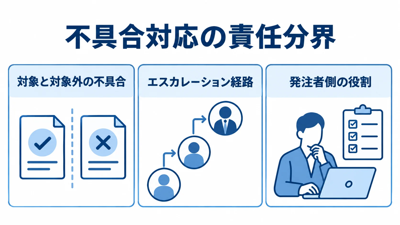 不具合対応の責任分界を整理する3つの論点 不具合対応でRFPに定める対象範囲、エスカレーション経路、発注者側の役割を3つのパネルで示した図。