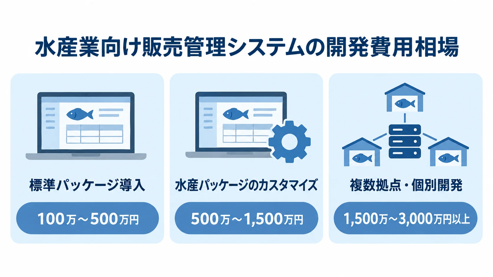 標準パッケージ導入、水産パッケージのカスタマイズ、複数拠点・個別開発の3段階と、それぞれの開発費用目安を並べた図。