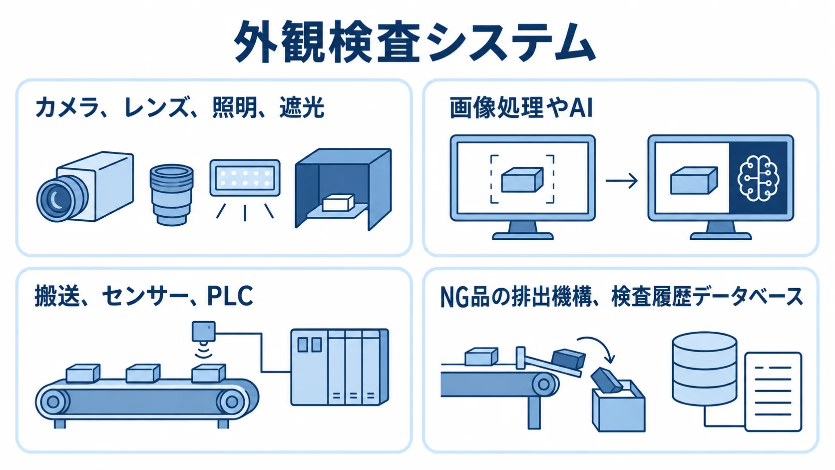外観検査システムを構成する機器と処理の図解 外観検査システムの撮像機器、画像処理やAI、搬送と制御、排出と履歴保存を4枚のパネルで示した図。