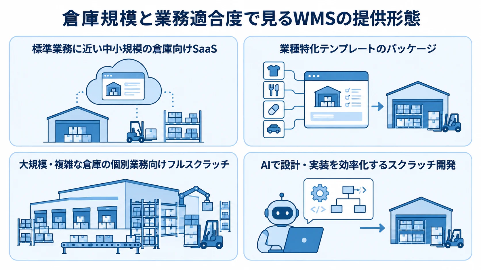 倉庫規模と業務適合度で見るWMSの発注先タイプ 倉庫の規模や業務への適合度に応じたSaaS、パッケージ、フルスクラッチ、AI駆動開発の4形態を並べた図。