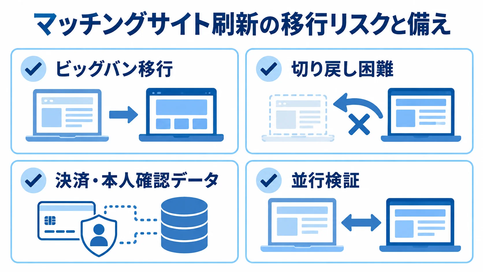 マッチングサイト刷新の移行リスクと備えを整理した図解 マッチングサイト刷新で注意するビッグバン移行や決済データのリスクと、並行検証を示す図解