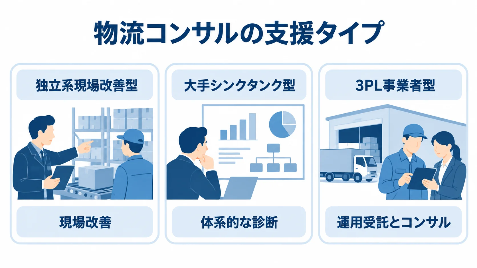 物流コンサルの支援タイプと中心領域 独立系現場改善型、大手シンクタンク型、3PL事業者型の支援内容を3枚のカードで示した図。