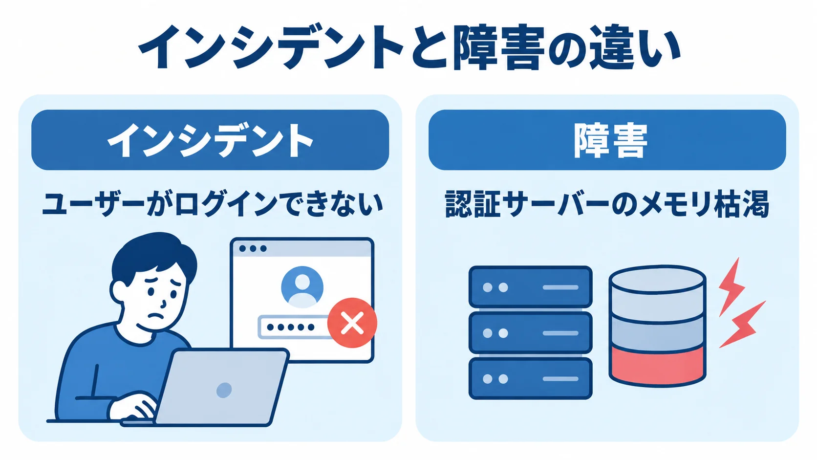 インシデントの状態と障害の原因を、ログインできない例と認証サーバーのメモリ枯渇の例で対比した図。