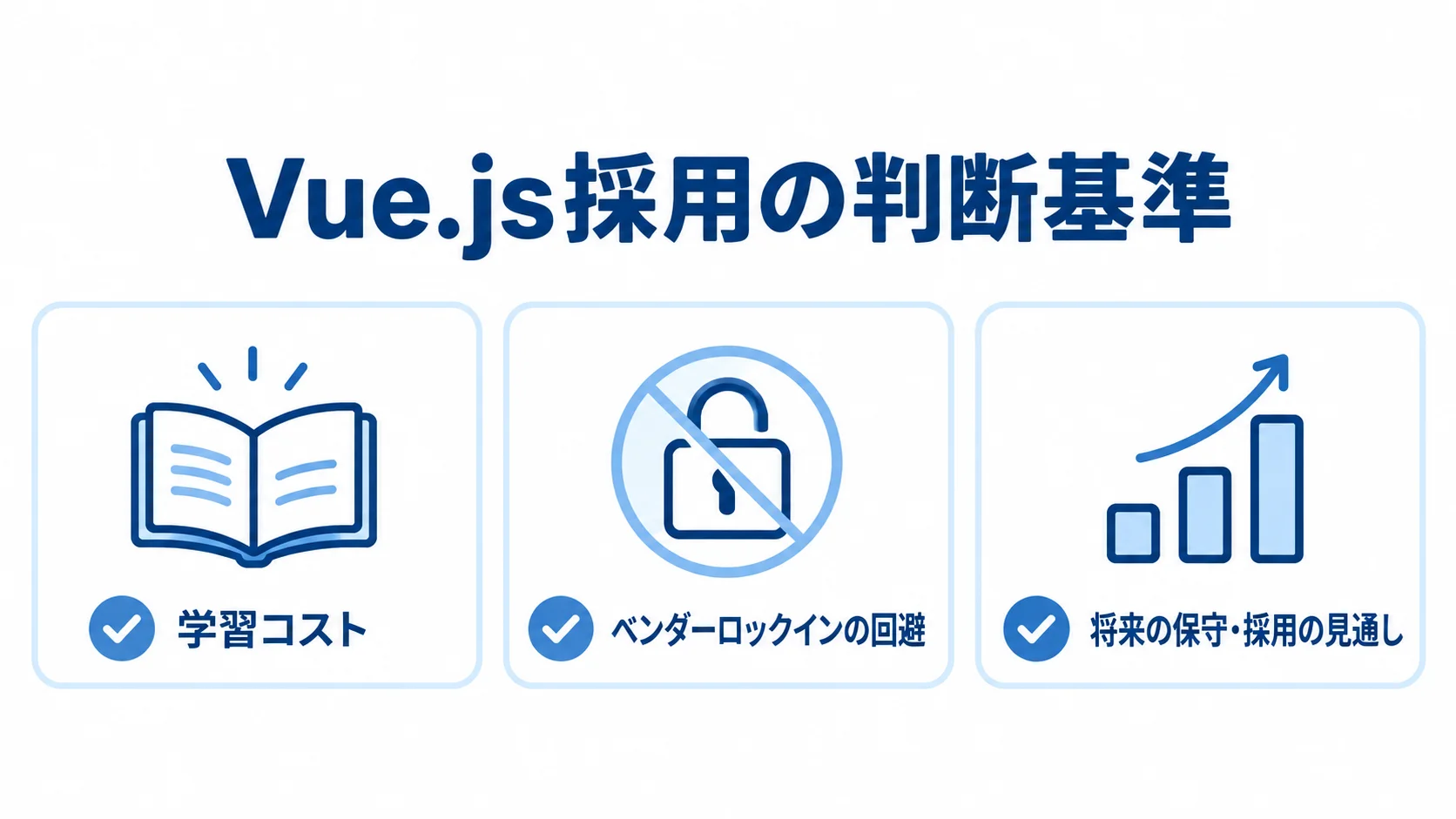 Vue.js採用で確認する3つの判断基準 Vue.jsの採用判断を学習コスト、ベンダーロックイン回避、将来の保守・採用の観点で整理したチェックリスト