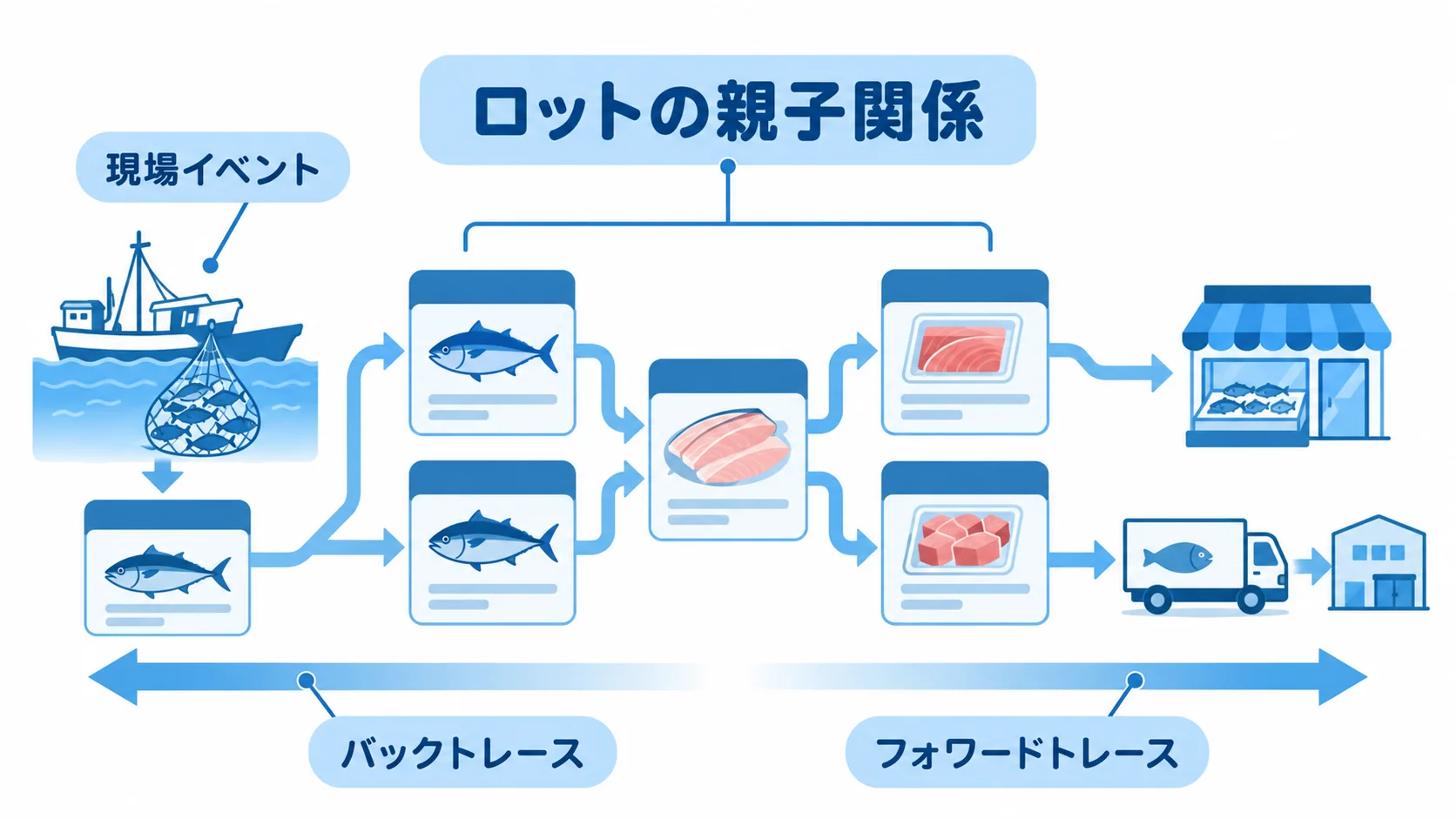 水産物のロット分割・統合と追跡関係を示した図 現場イベントで記録するロットの親子関係と、バックトレース・フォワードトレースを示す図解。
