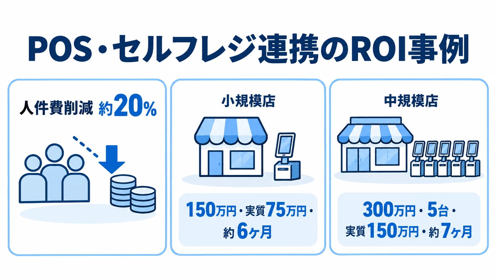 POS・セルフレジ連携のROIと店舗規模別の回収期間 POS・セルフレジ連携のROI事例として、人件費削減と小規模店・中規模店の導入費、回収期間を3つのパネルで示した図。