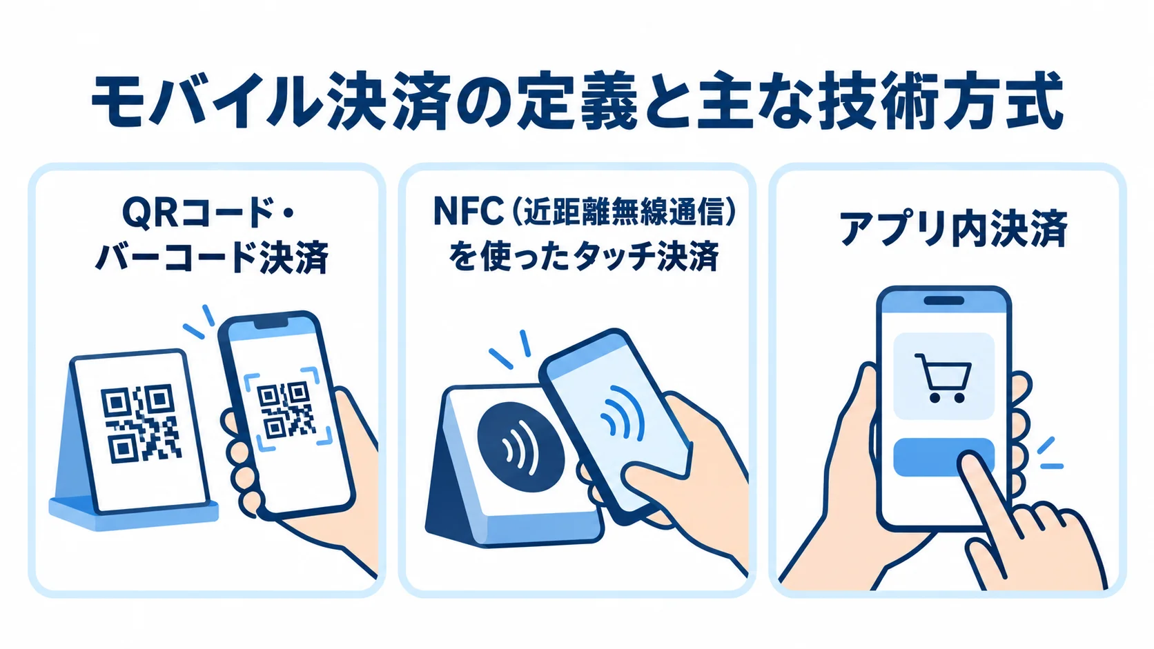 QRコード・バーコード決済、NFCタッチ決済、アプリ内決済を3枚のカードで整理した図。