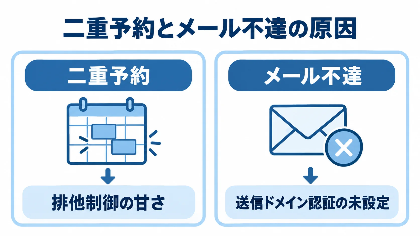 予約システムで起きる二つの技術的な失敗原因を比較した図 二重予約の原因である排他制御の甘さと、メール不達の原因である送信ドメイン認証の未設定を左右で比較した図。