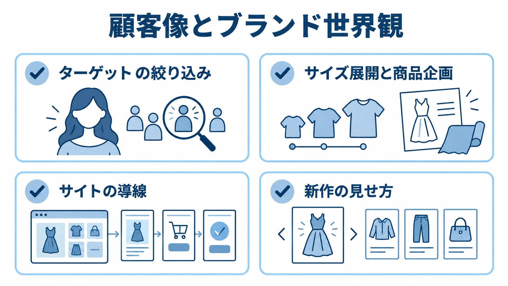 ファッションECの顧客像とブランド世界観を形にする要素 顧客像とブランド世界観を軸に、ターゲット、商品企画、サイト導線、新作の見せ方を並べた図解