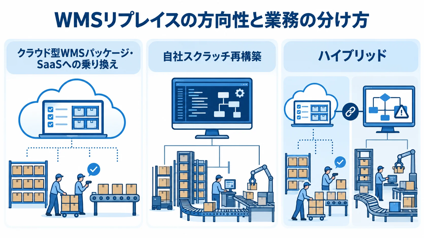 WMSリプレイスの3つの方向性と業務の分け方 クラウド型WMS、自社スクラッチ開発、ハイブリッドを業務の分け方で示した図解