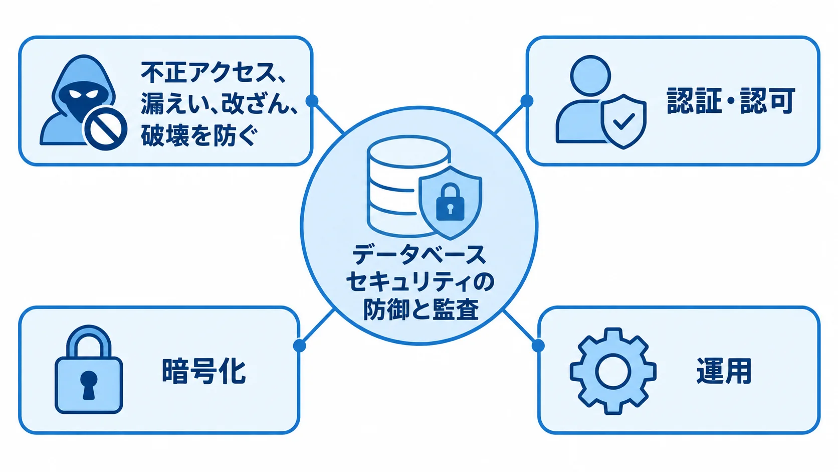 データベースセキュリティの役割を示す図 データベースセキュリティを中心に、防御、認証・認可、暗号化、運用を結んだ図
