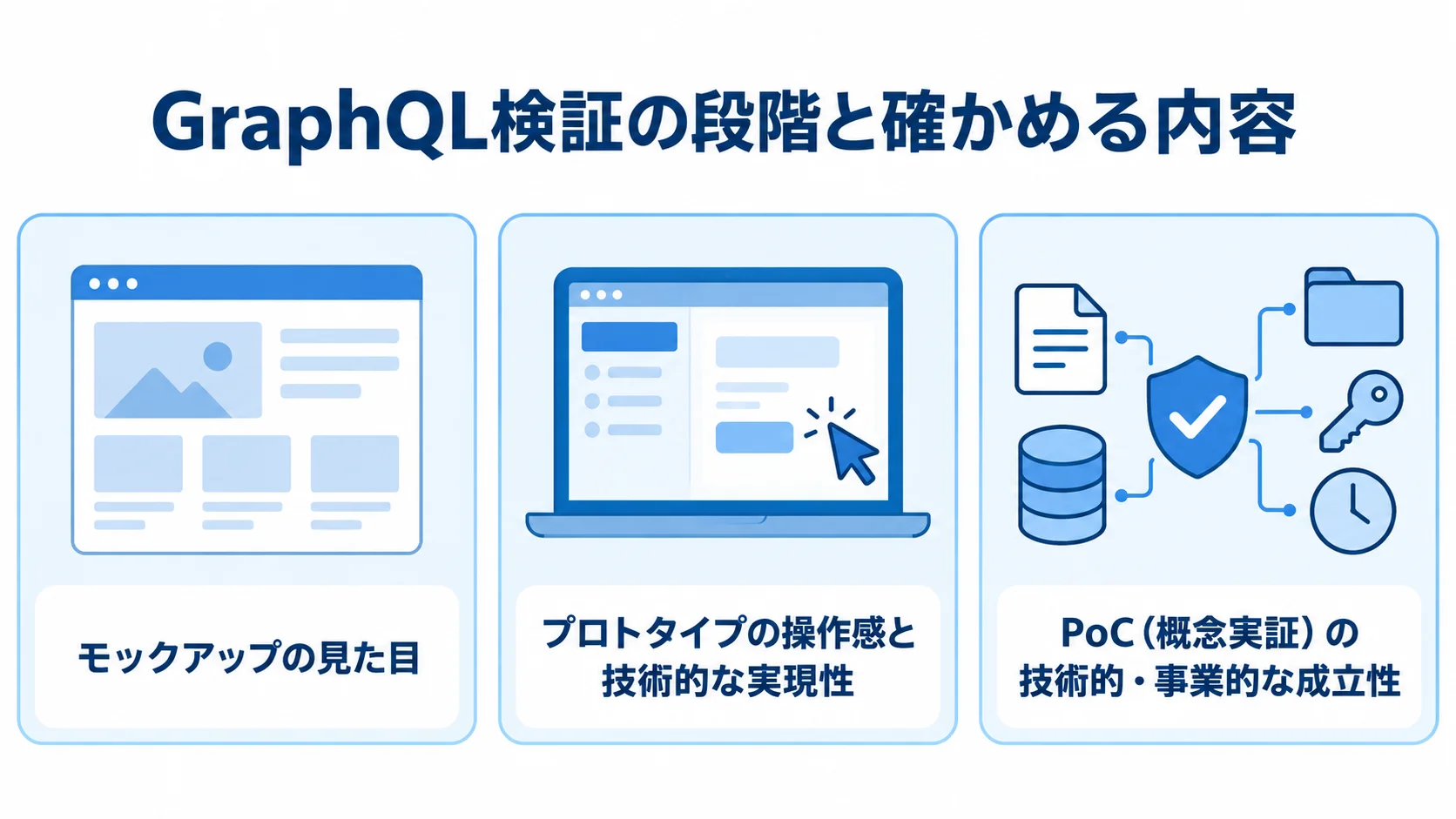 モックアップ、プロトタイプ、PoCで確かめる内容を3枚のパネルで示した図解