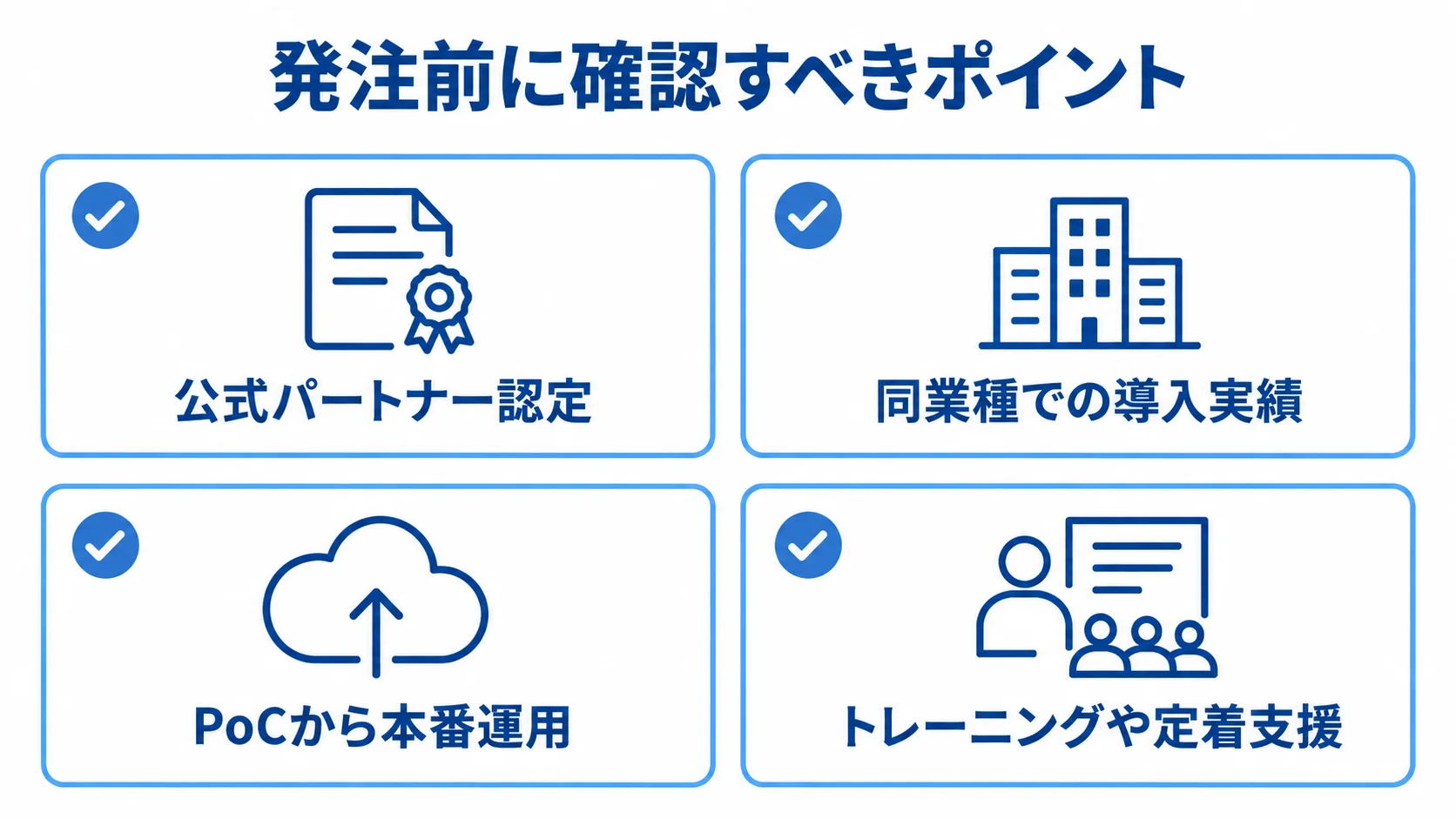 Looker導入パートナーを発注前に確認する4項目をカードで示した図。