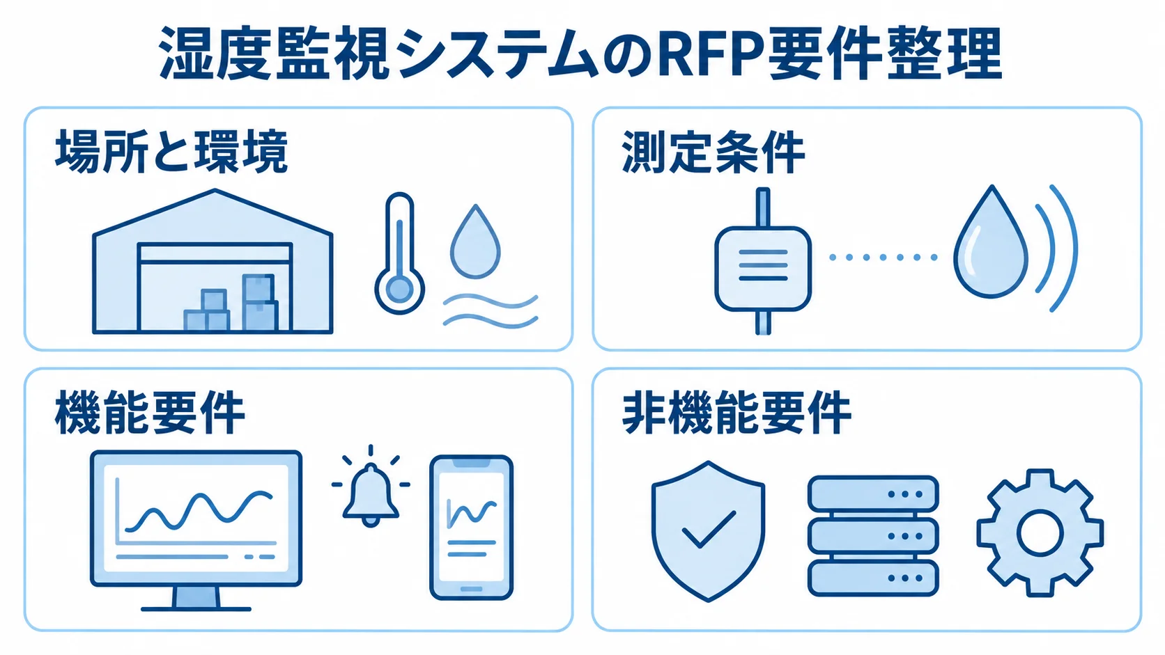 湿度監視システムのRFP要件を4つのパネルで整理した図 RFPで整理する場所と環境、測定条件、機能要件、非機能要件を4枚のパネルで示した図。