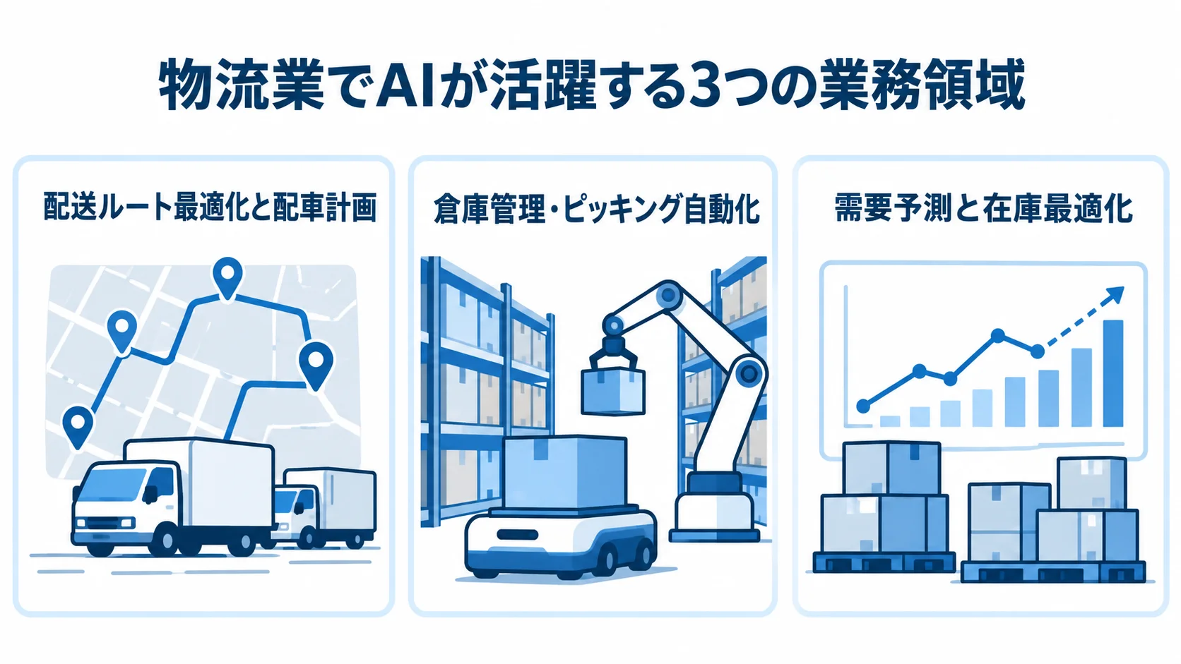 物流業でAIが活躍する主な業務領域の図解 物流業でAIが活躍する領域として、配送ルート最適化と配車計画、倉庫管理・ピッキング自動化、需要予測と在庫最適化を3つのカードで示しています。