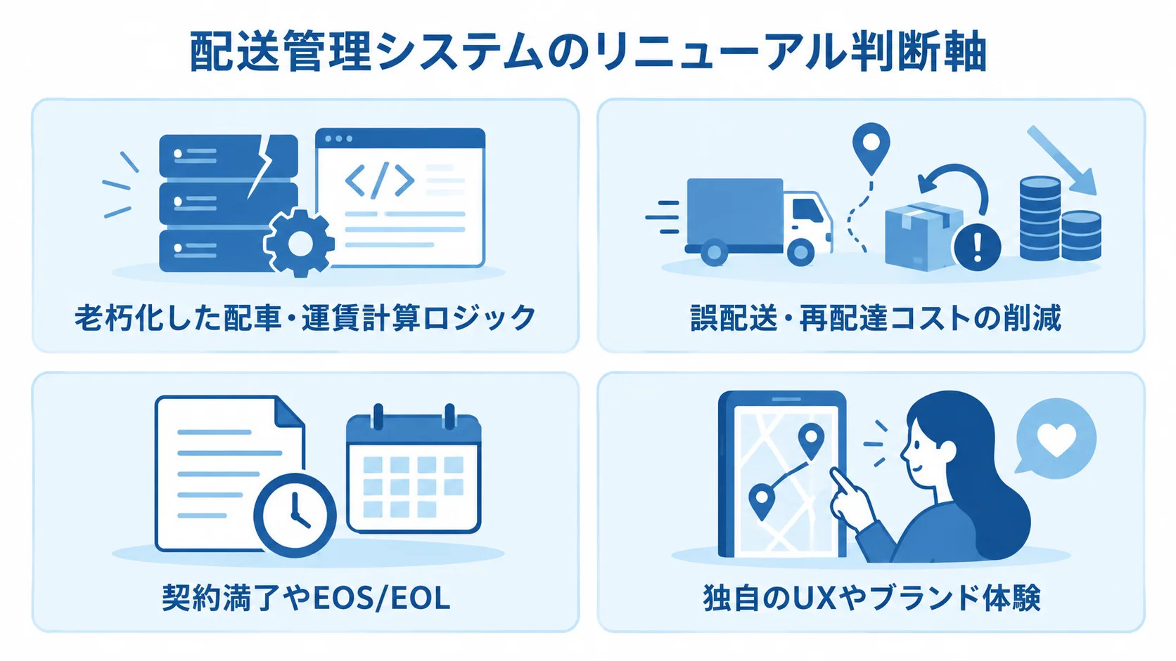 技術基盤、経営インパクト、契約期限、独自の顧客体験という配送管理システムのリニューアル判断軸を4つのパネルで示した図。