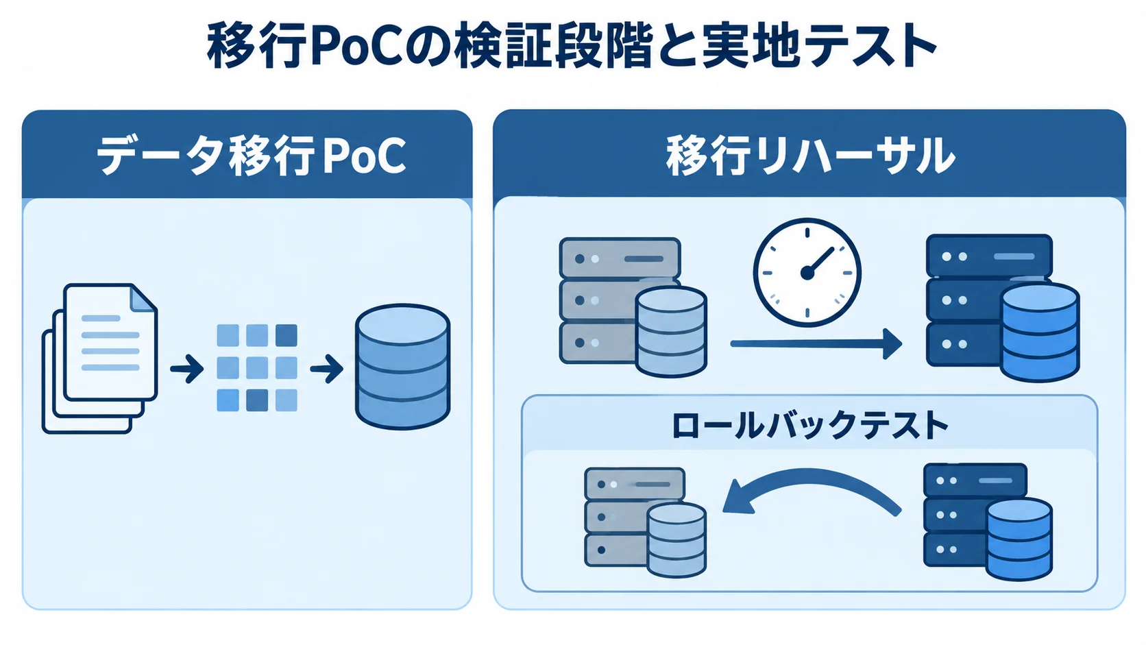 移行PoCと移行リハーサルの検証段階 データ移行PoC、移行リハーサル、ロールバックテストを3つのパネルで示した図解