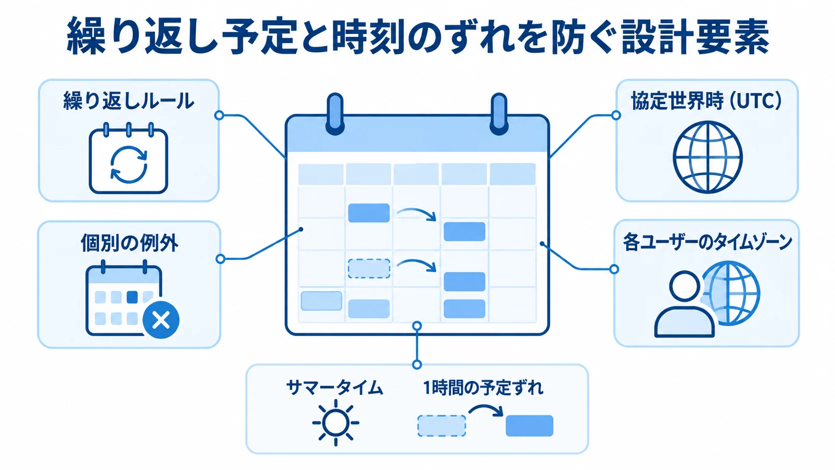 繰り返し予定とタイムゾーンで確認する設計要素の図解 カレンダーを中心に、繰り返しルール、個別の例外、基準時刻、タイムゾーン、サマータイムによる1時間の予定ずれを示す図。