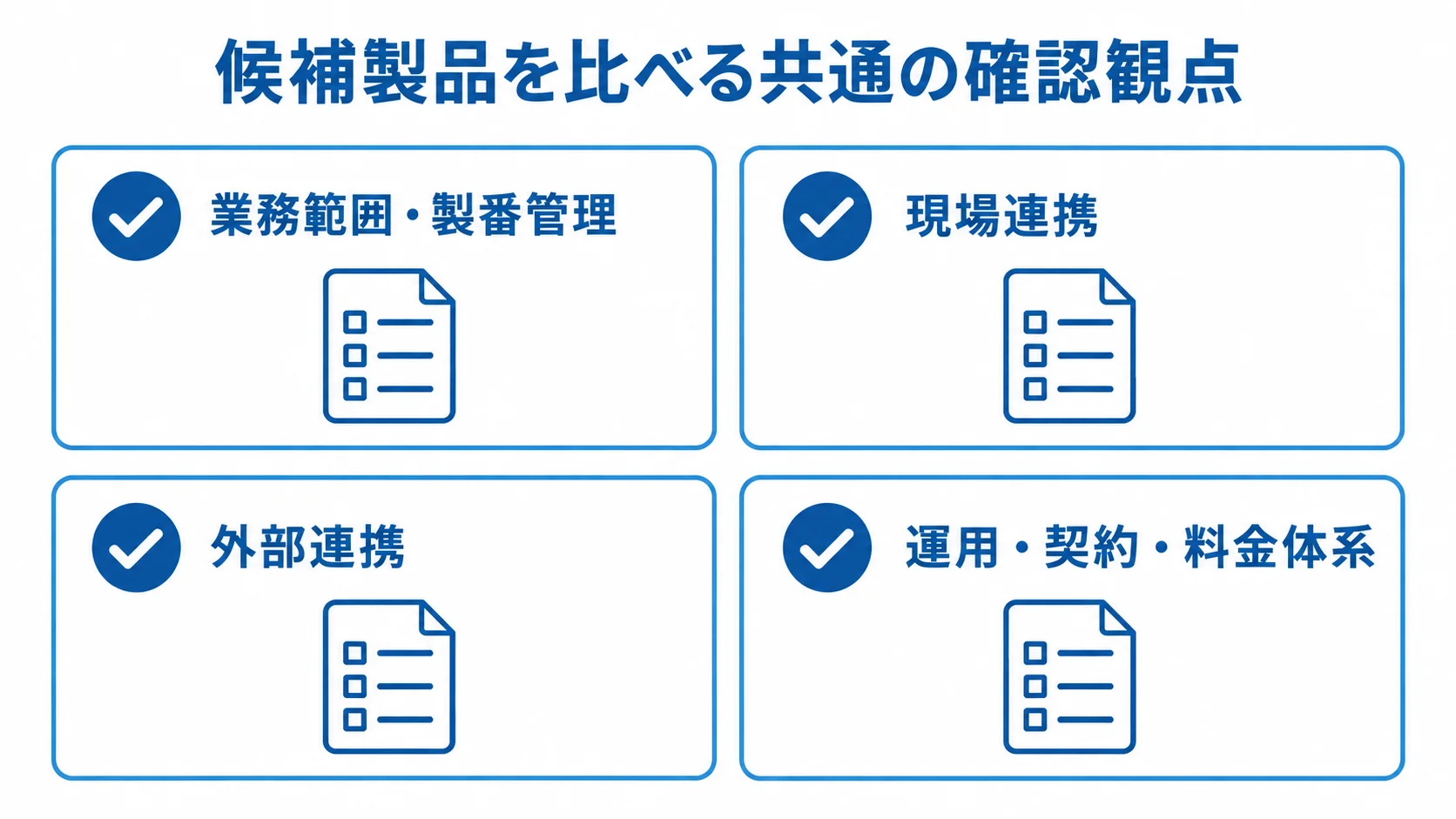 生産管理製品を同じ基準で比べる4つの確認観点 候補製品を業務範囲・製番管理、現場連携、外部連携、運用・契約・料金体系の4観点で確認するチェックリスト
