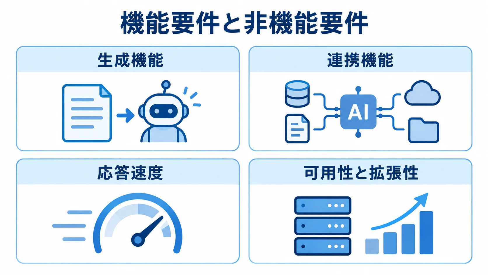 AIライティングシステムの機能要件と非機能要件 機能要件の生成機能・連携機能と、非機能要件の応答速度・可用性・拡張性を4枚のパネルで示す図。