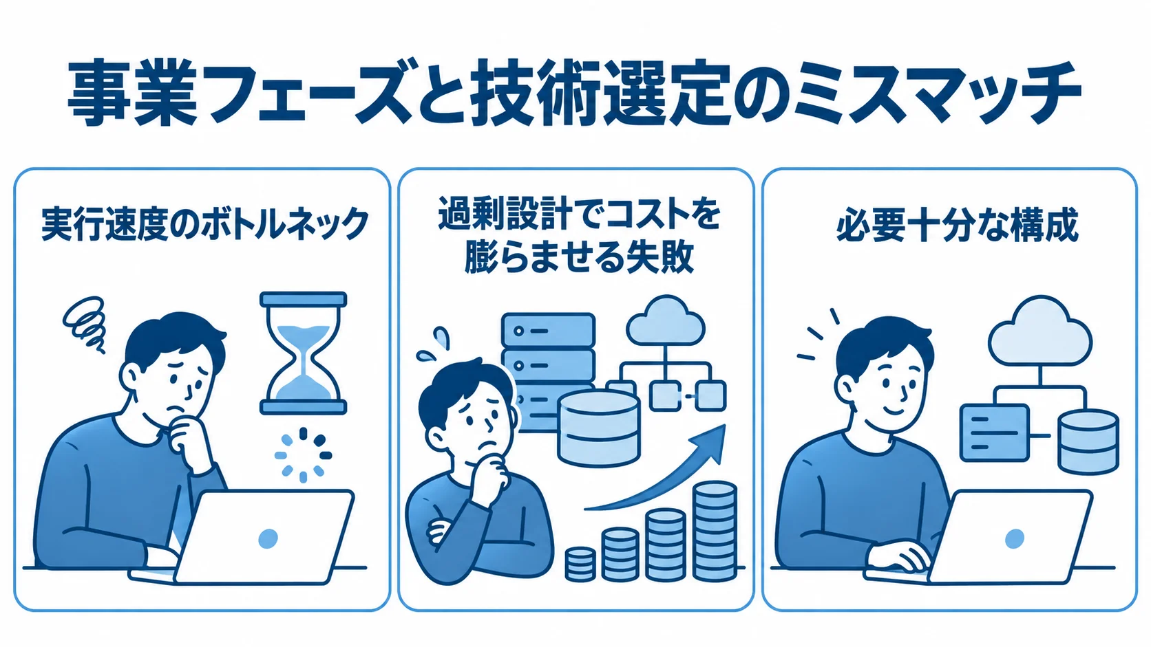 事業フェーズに応じた技術選定と二つの失敗 技術選定の失敗として実行速度のボトルネックと過剰設計を並べ、必要十分な構成を示す図