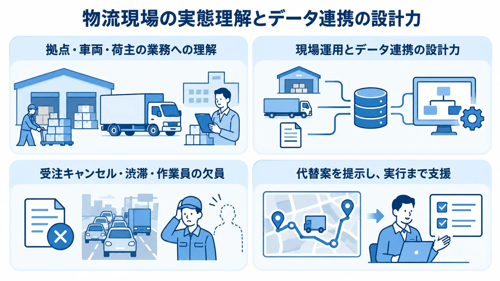 物流現場の業務理解、データ連携の設計、現場の例外、代替案の提示と実行支援を4つのパネルで示した図。