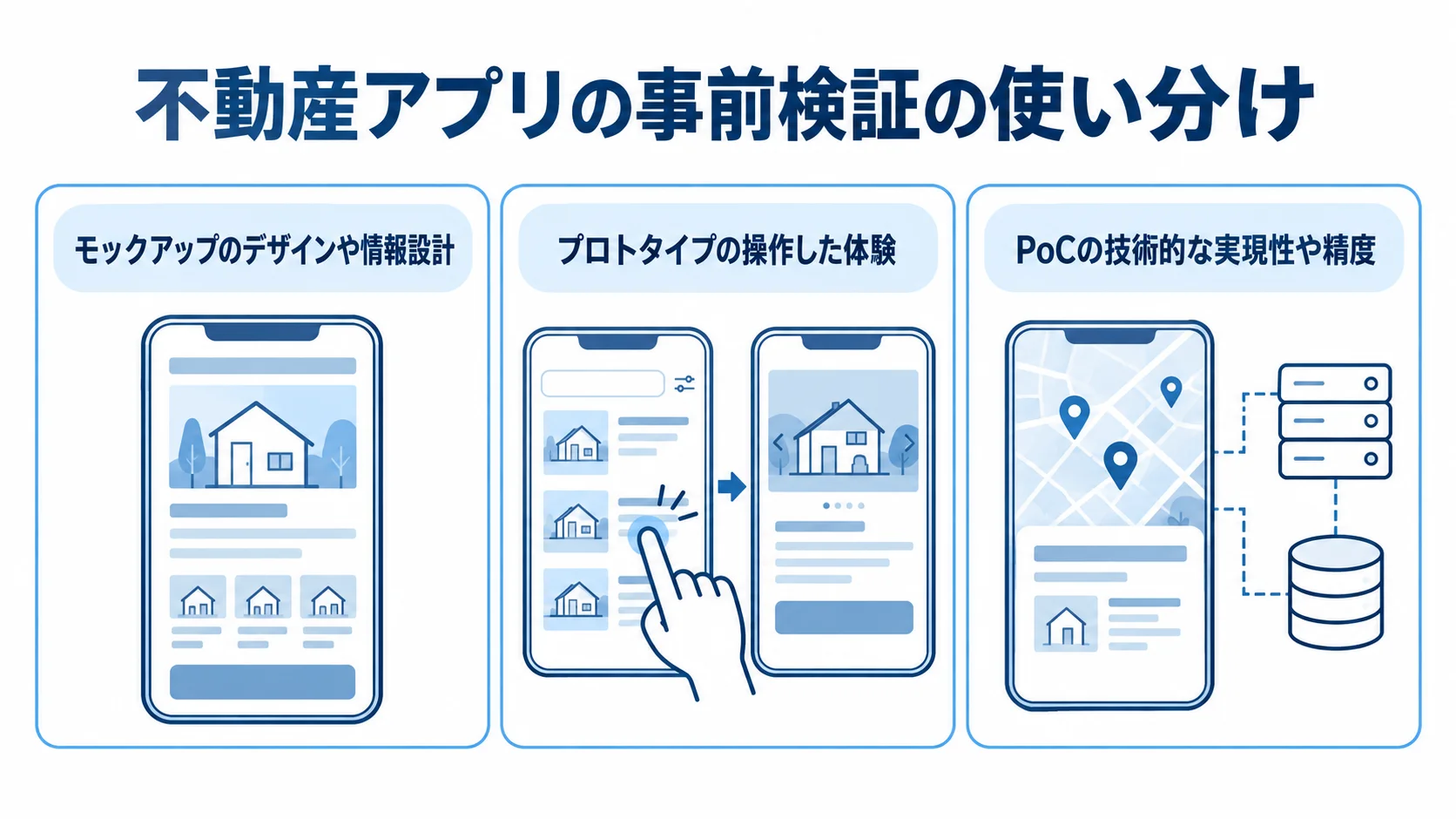 不動産アプリで使い分ける3つの事前検証 モックアップ、プロトタイプ、PoCの検証対象を3枚のパネルで示す図。