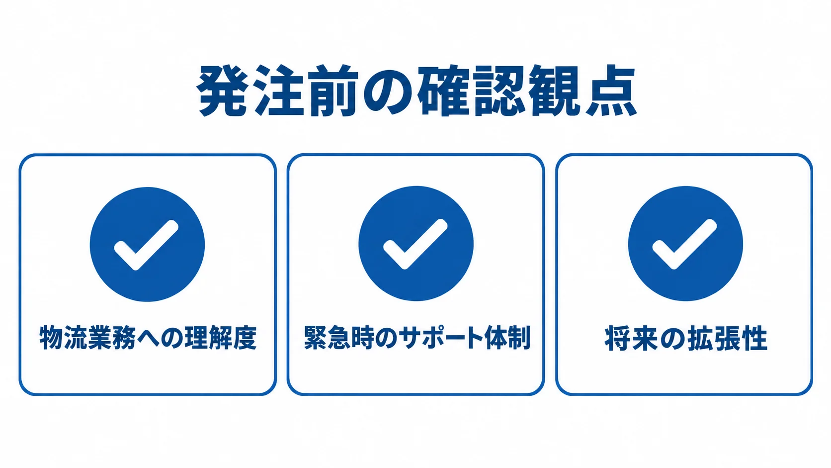 TMSリプレイスで確認する3つの観点 TMSリプレイスの発注前に確認する物流業務への理解度、緊急時のサポート体制、将来の拡張性を3枚のカードで示した図。