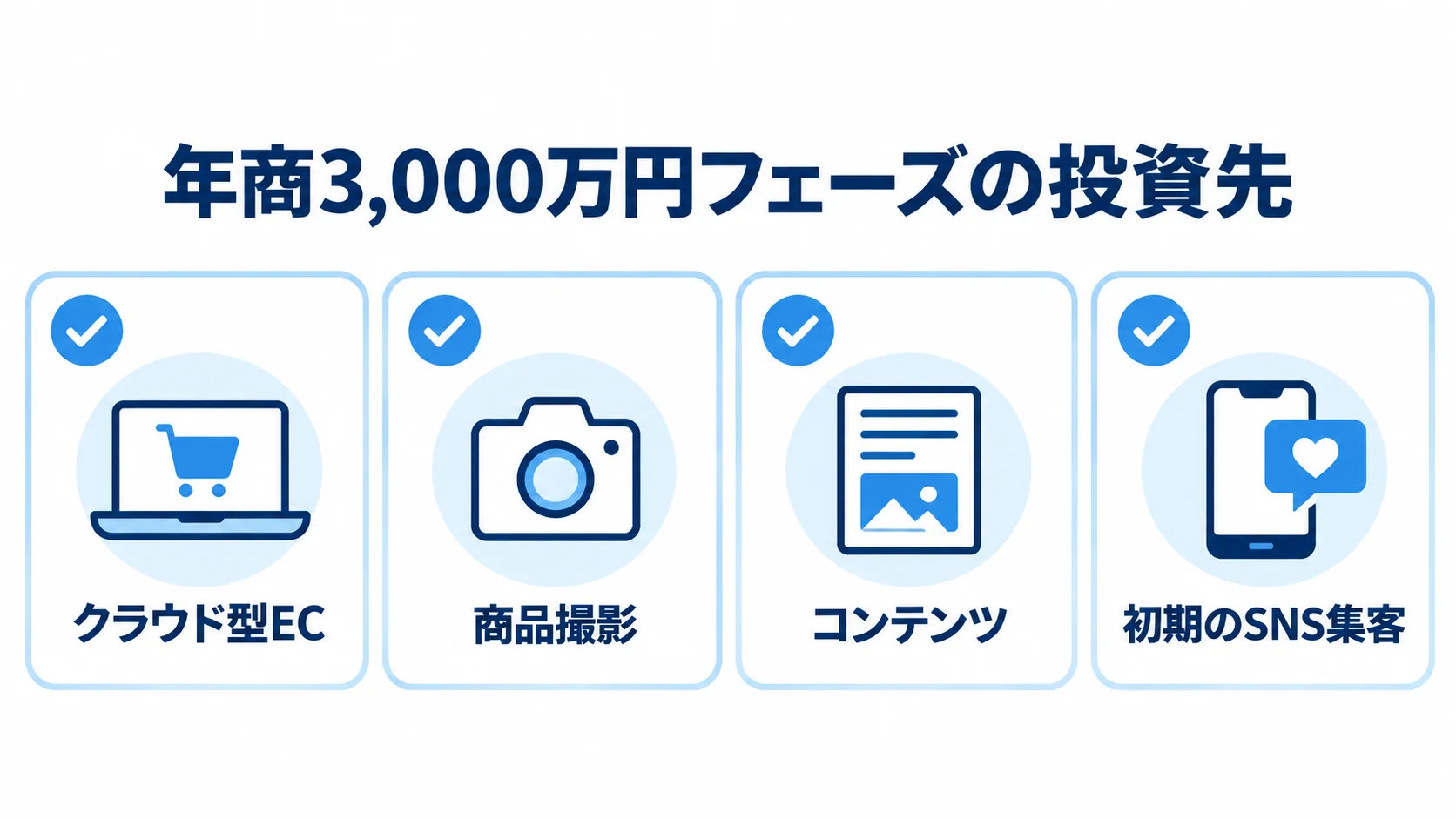 立ち上げ期に重視するDtoCの投資先 年商3,000万円を目指す立ち上げ期の投資先として、クラウド型EC、商品撮影、コンテンツ、初期のSNS集客を並べた図です。