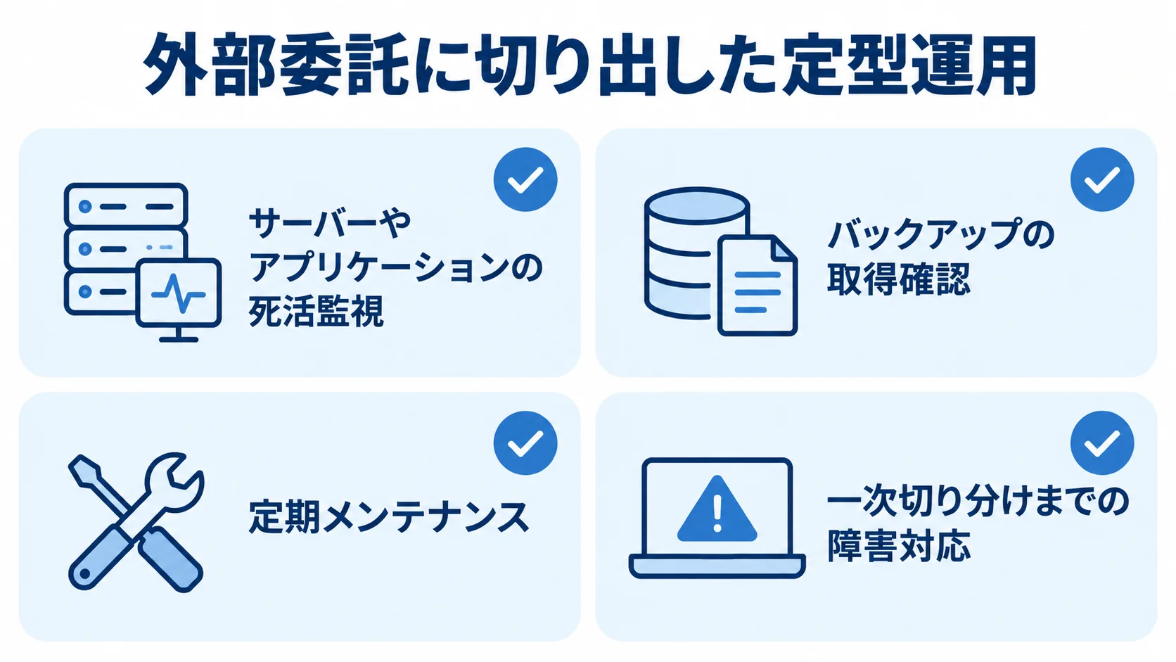 運用委託で外部に任せる定型業務 ひとり情シスから外部委託へ切り出す定型運用を4項目で示した図解