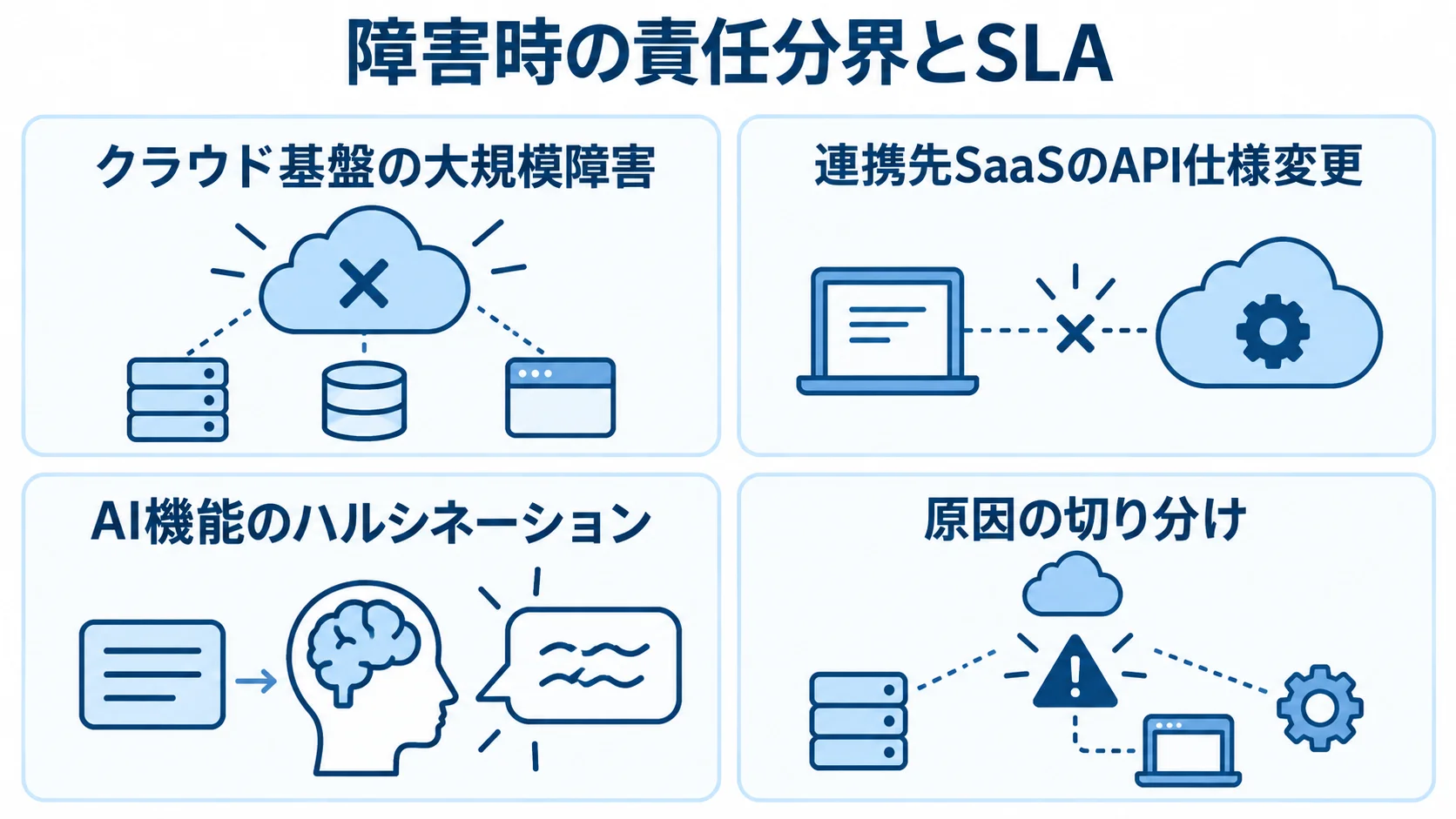 障害時の責任分界とSLAに関わる、クラウド基盤、連携先SaaS、AI機能、原因の切り分けを4枚のパネルで示した図解。
