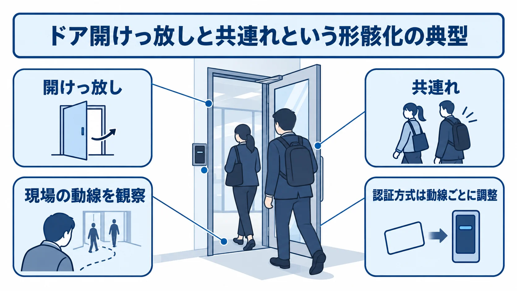 入退室管理の形骸化例と現場に合わせた対策 開けっ放しと共連れの形骸化例に、現場の動線観察と認証方式の調整を添えた図。